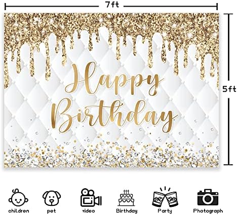 Newsely Gold White Happy Birthday Banner dekoracije za žene djevojke 7wx5h Photography Gold Glitter backdrops