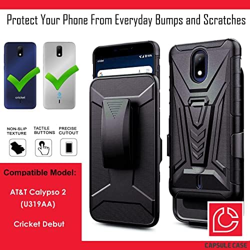 Capsule Case Kompatibilan je za AT & T Clipso 2 Cricket Debut [Vojni udarni otporni na teški kaiš za kaiš za kaiš Holster Chickstand Case crna] za kriket bežični debi