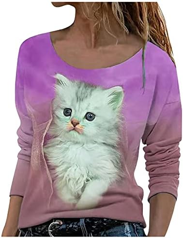 KCJGIKPOK WOMENS Slatka mačka tiskane košulje dugih rukava modni okrugli vrat pulover dukserirt na vrhu