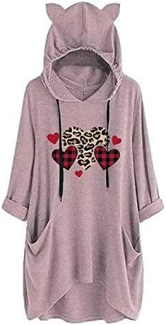 Valentine Duge dukseve za žene Trendy Pulover Cat EAR Plus veličine Dukseri s kapuljačom Ženska bluza vrhovi sa džepovima