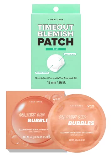 I dew care Bubble sheet Mask-Glow Up Bubbles, 5 EA + Hydrocolloid Acne Pimple Patch-Timeout Blemish Plus,