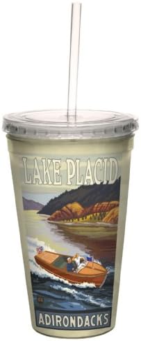 Pozdrav bez drveta CC33161 Vintage Lake Placid Adirondacks motorni čamac Paul A. Linquist Artful Putnik dvosmisleno hladna šalica sa slamom, 16 unca