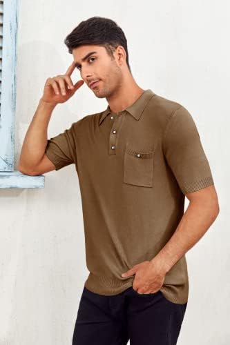 Muške pletene polo majice kratki rukav čvrsti pletenje rastezanje polo majica s džepnim klasičnim uredskim
