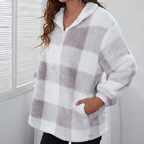 Ženska plaida Fuzzy Faux visoki vrat Pulover Plišani zimski topli dugih rukava Zip fleeze dukseri sa džepom