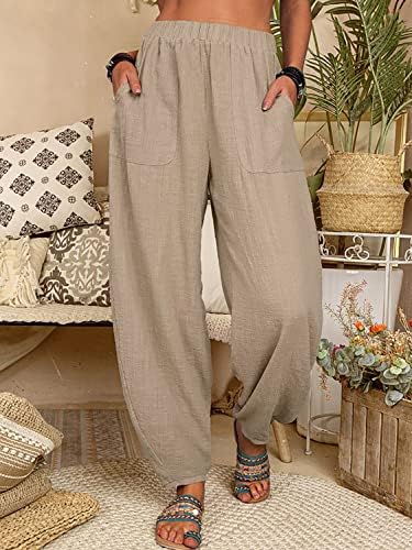 Utcoco ženske pamučne posteljine harem hlače Ležerne prilike sažetosti hlače visoke struke sa džepovima