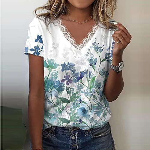 Uqrzau ženske majice casual labave košulje V izrez kratki rukav cvijet od čipke čipke The majice The 2023 majice