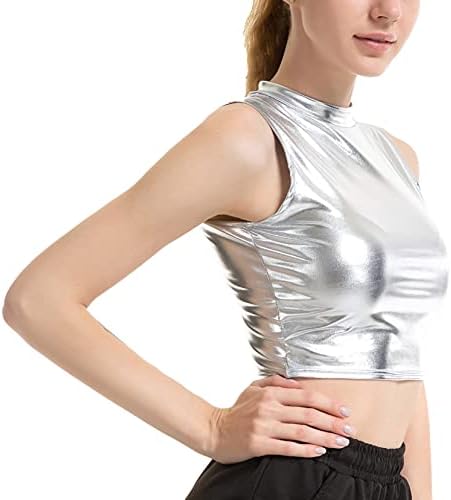 Yoojoo ženski sjajni metalni bez rukava s rukavima u obliku rezervoara za ravni party Club Dance 2 srebrna