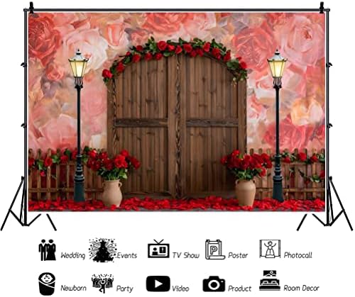 10x8ft Majčin dan pozadine Rustikalna drvena vrata i cvijet crvene ruže ukrasite fotografiju pozadina Sažetak
