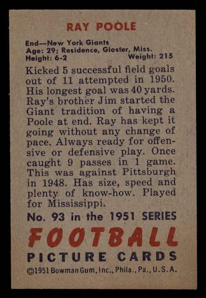 1951 Bowman 93 Ray Poole New York Giants-FB Ex / Mt Giants-FB Mississippi / Sjeverna Karolina