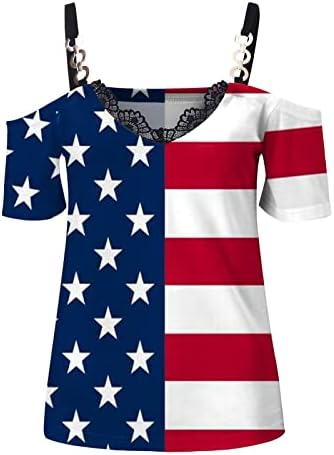 Ženska hladno ramena Amerika zastava Grafički tenici TEES kratki rukav V Dnevna majica za neovisnost od