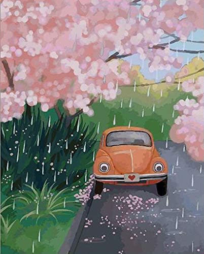 Romantični Kišni Dan Stari Automobil Ručno Oslikani Dizajn Štampani Sakura Avenue Igla Platno B0087