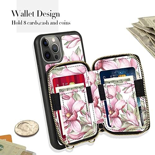ZVE iPhone 13 Pro RFID blocking Case Walle, Zipper CrossbodyPhone Case sa držačem za kartice Navlaka za narukvicu torbica za žene za iPhone 13 Pro, - Pink Floral