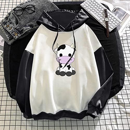 Oplxuo žene Kawaii Cow Hoodie Top, Patchwork slatki kravlji Print sa kapuljačom Duks pulover majice za tinejdžerke