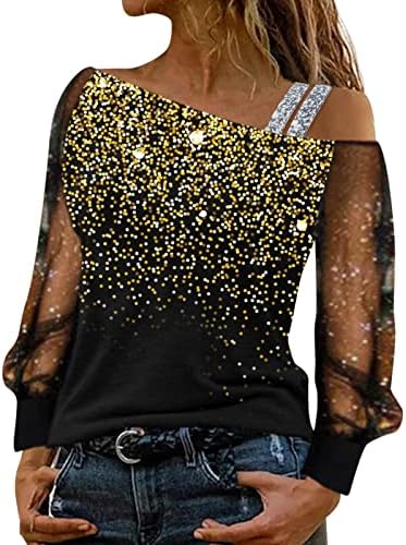Dugi rukav izlazi vrhovi za žene Sheer čipkasti spoj sa šljokicama grafički majice hladne ramene labave