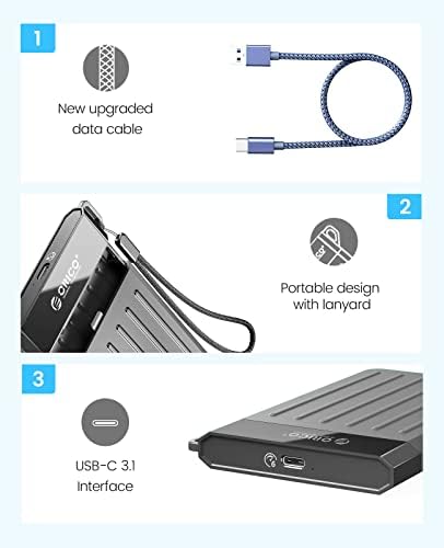 ORICO 2.5 hard disk Enclosure, USB C 3.2 Gen 2 SATA 3.0 6Gbps HDD Enclosure sa nadograđenim USB C kablom za 7 9.5 mm WD Seagate Toshiba Samsung SSD HDD na poslovnim putovanjima,siva[M25C3]