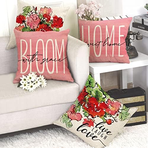 FJFZ proljeće ljeto geranium cvijeće ukrasne bacanje jastuk 18 x 18 set od 4, ružičasto crvene cvjetne kuće Sweet Home Torch vanjski dekor, uživo smijeh ljubavi sezonska futrola za kauč